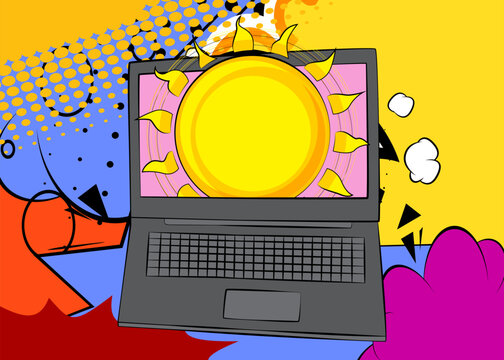 Cartoon Laptop, comic book Notebook with Sun. Retro vector comics pop art design.