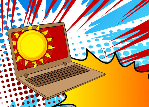 Cartoon Laptop, comic book Notebook with Sun. Retro vector comics pop art design.
