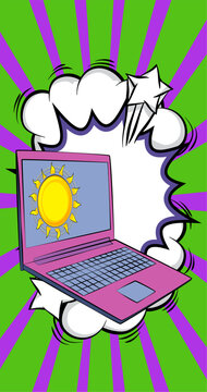 Cartoon Laptop, comic book Notebook with Sun. Retro vector comics pop art design.