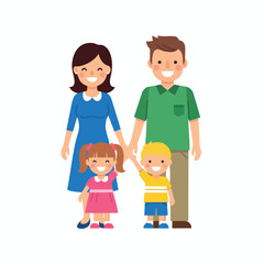 Obraz premium Cheerful family of four holding hands and smiling, isolated on white