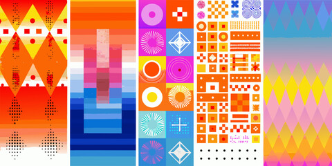 Obraz premium Abstract geometric patterns in vibrant orange blue pink and yellow hues
