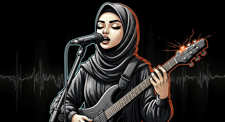 Obraz premium Vibrant Pop Art Illustration of a Muslim Woman Playing Electric Guitar and Singing