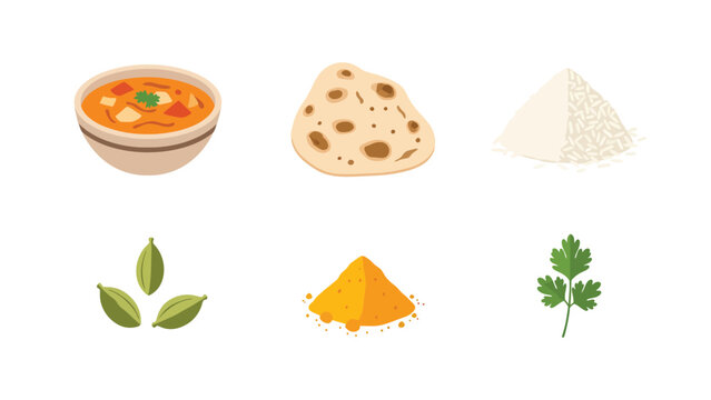 Indian Cuisine Essentials Vector Set: Curry, Flatbread, Rice, Cardamom, Turmeric, Coriander Icons