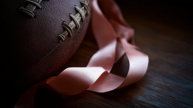 football. Pink satin ribbon next to a scuffed leather football on a dark floor. event key visuals, club posters, designed for fitness apps and gym onboarding, used by event planners.