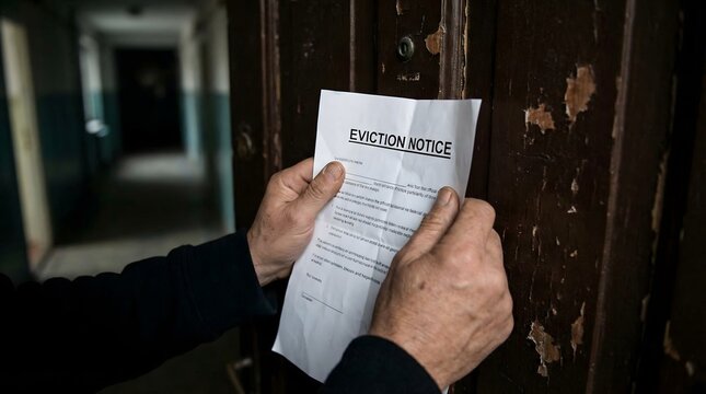 Eviction notice posted on a door, representing housing insecurity and financial hardship