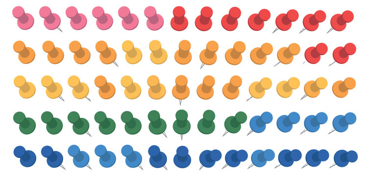 Colorful push pin thumbtack collection with multicolor office map pins stationery vector illustration set isolated