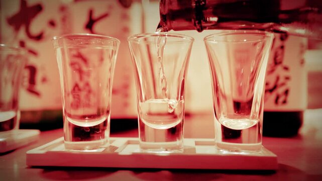 Pouring Japanese Sake into a Glass Flight at an Izakaya