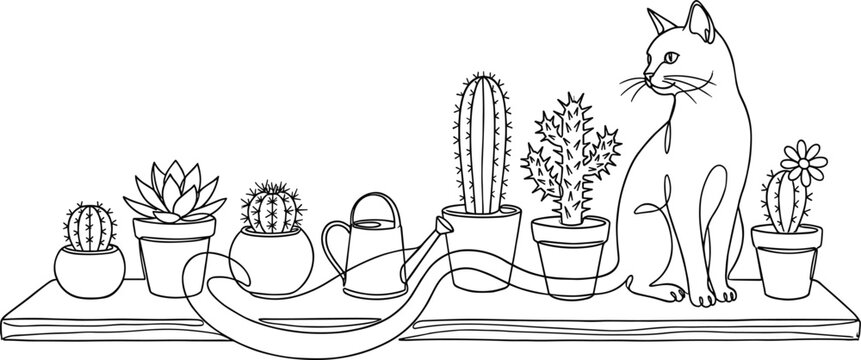 One continuous line drawing of cat sitting on shelf with potted cactus plants and watering can vector,