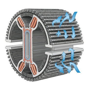 Cross-section of a circular heat exchanger with airflow indicated by blue arrows, showcasing internal components for efficient thermal transfer