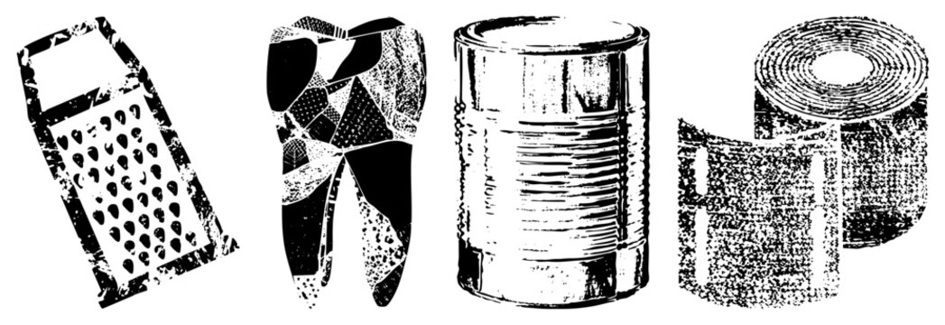 Grater, tooth, can, tape roll stylized kitchen tools and food packaging, halftone texture, isolated vector illustrations.