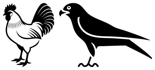 Obraz premium Stylized rooster and in stark black and white, facing each other, graphic animal, vector art, symbolic birds, design.