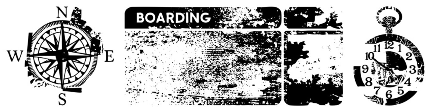 Worn compass with cardinal points, distressed boarding pass graphic, antique pocket watch face all isolated vector for travel or time themes.