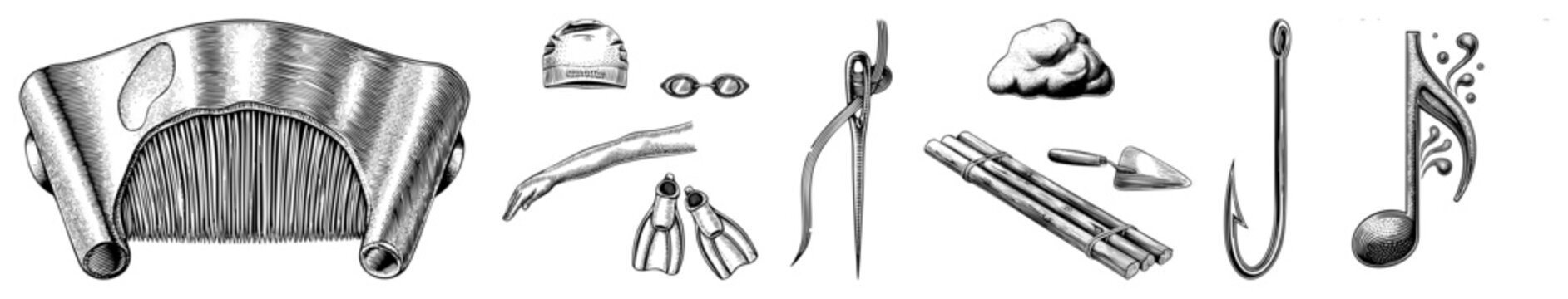 Hand drawn including snorkel gear, fishing hook, musical note, and more, rendered in detailed art, ideal for graphic design or UI elements.