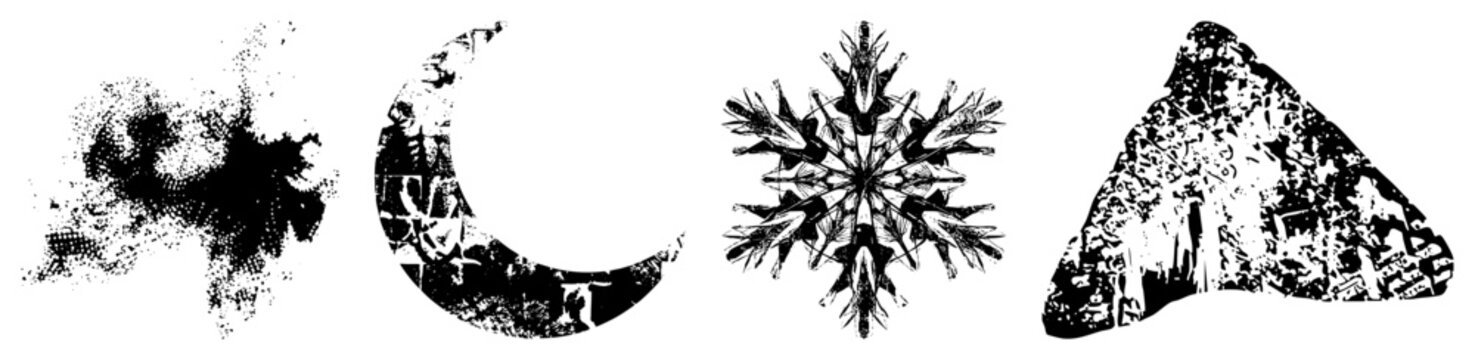 Stylized halftone forming abstract shapes splatter,, snowflake, triangle. Vector art with gritty texture, design, isolated symbols for branding or UI.
