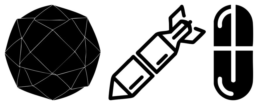 Black and white vector faceted sphere, stylized, capsule shape. Minimalist style, isolated elements for UI or branding.