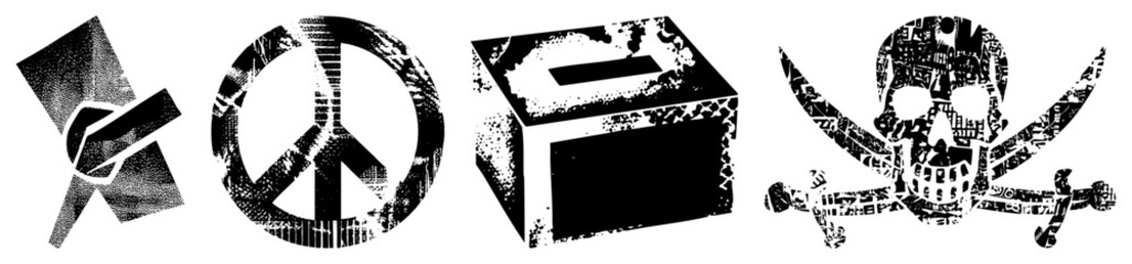 Obraz premium Peace sign, skull and, cube, and abstract knot symbols with distressed halftone texture, isolated vector for branding or design projects.