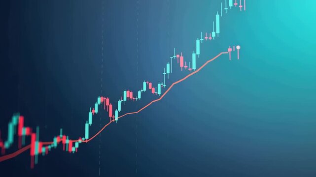 Upward candlestick moving average stock chart financial chart bullish trend trading blue background