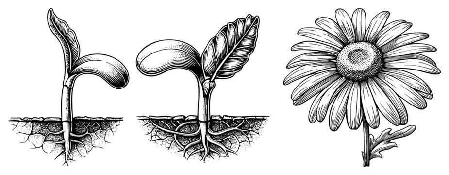 Plant growth stages from seed to bloom, botanical illustration, sprouting seedling, daisy flower, root development, hatching germination, natural life cycle.