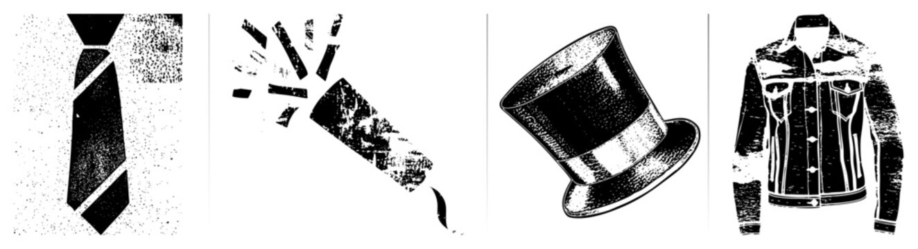 Vintage style vector illustrations striped necktie, smoking cigar with, elegant top hat, and denim jacket with diamond accents. Retro graphic design elements.