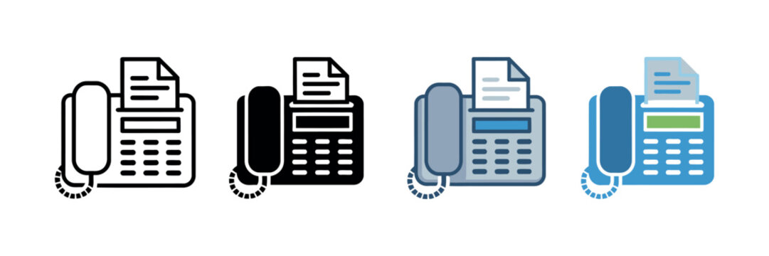 Fax machine icon vector set with landline telephone and document scanner for office communication and telecommunication