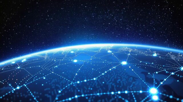 Digital globe network connection with illuminated nodes and flowing data across globe