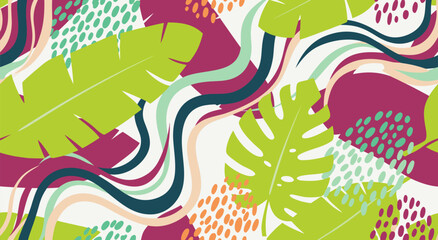 Abstract Tropical Pattern Vector Illustration with Lush Greenery and Dynamic Wavy Lines, Vibrant Colors - Perfect for Digital and Print Designs © Purnomo