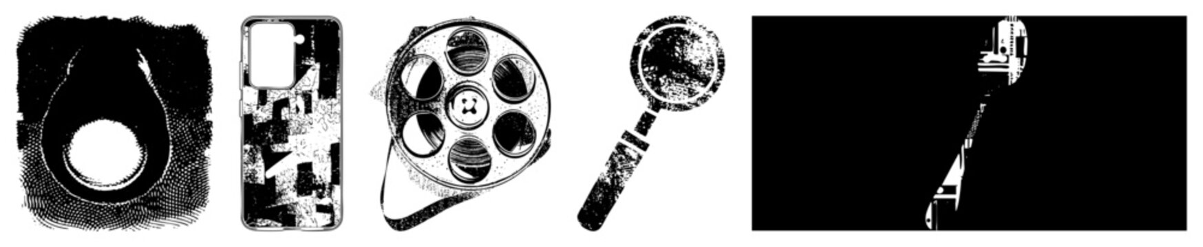 Retro cinema film reel, empty spools, celluloid filmstrip, movie camera lens, analog cinematography, film production equipment, black and white halftone graphic.