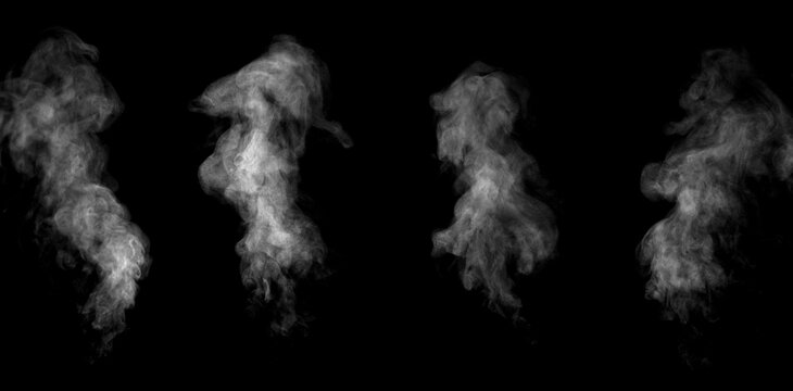 set abstract white smoke isolated on a black background. concept of texture mist, fog effect, and cloud for design air pollution, element smog