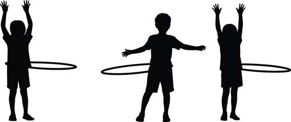 kids hula hoop silhouettes set, children playing outdoor activity poses, fun recreation concept, childhood lifestyle, black white vector illustration collection © MstParvin