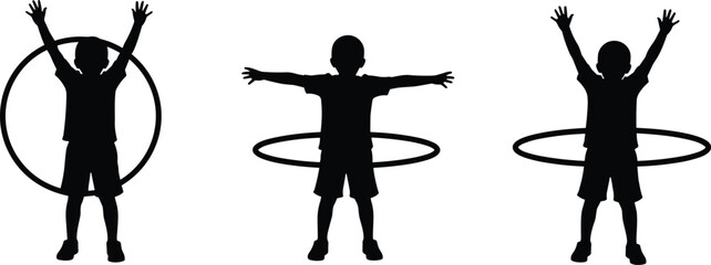 kids hula hoop silhouettes set, children playing poses with hoop toy, active lifestyle concept, outdoor fun activity, black white vector illustration © MstParvin