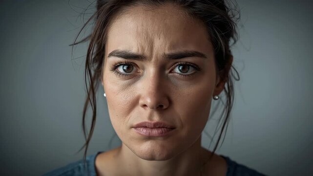 Young woman portrait closeup worried with furrowed brow intense gaze and subtle lighting