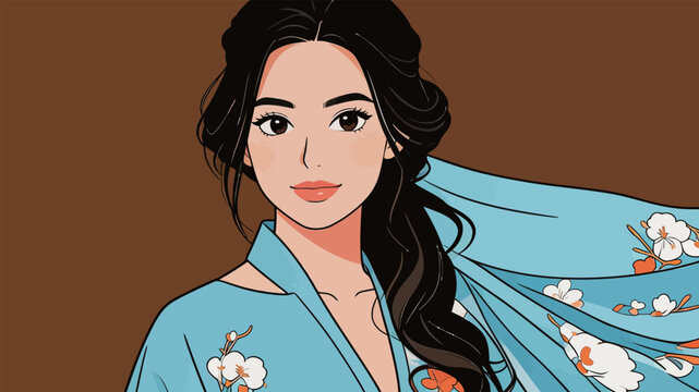 Illustration of a woman in a light blue outfit with floral patterns and long hair styled in a braid