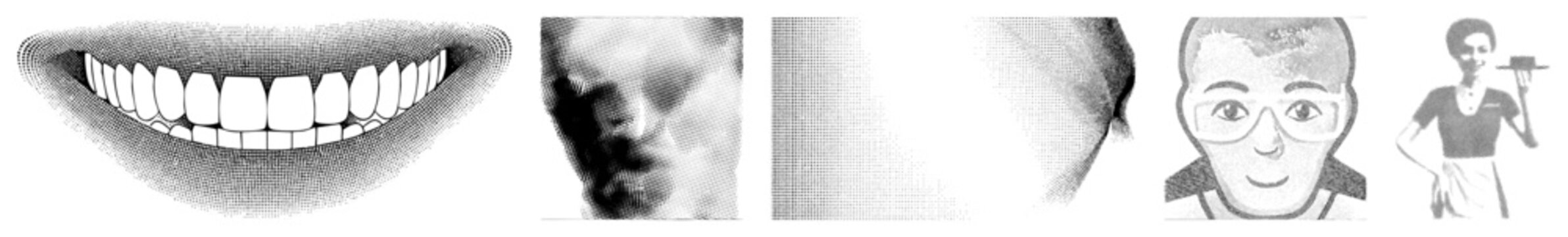 Gridded halftone rendering of a smiling mouth, dental teeth, lips, graphic design, vector illustration, isolated foreground, stylized expression, aesthetic.