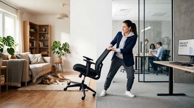 Conceptual image of a professional woman pulling her office chair from home to a corporate office, representing the struggle of returning to work.