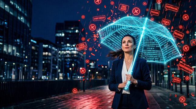 A professional woman holding a glowing, translucent umbrella made of digital code and hex data. The umbrella is protecting her from "digital rain" consisting of red "X" icons and distorted speech bubb