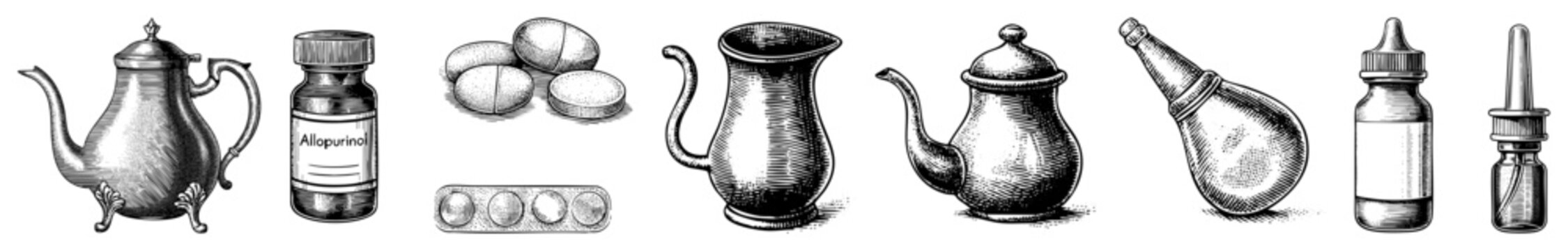 Hand drawn vector illustration of historical medical containers, allopurinol pills, vintage teapots, and eyedrops bottles, rendered in classic engraved style with hatching for shading.