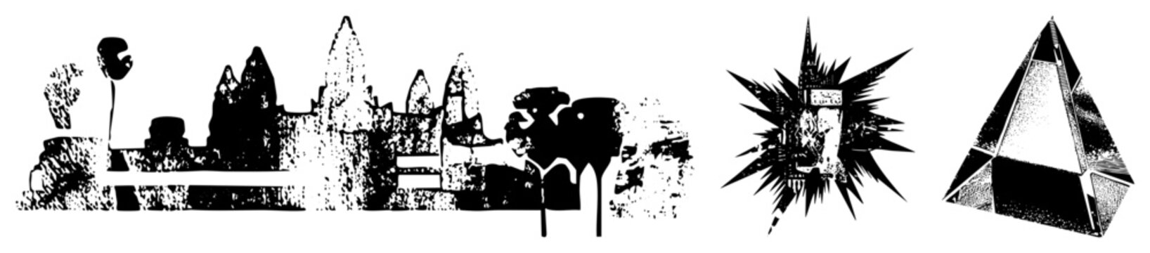 Grunge style vector featuring Angkor Wat temple, coffee cup, explosive crate, and shape, design, bold, isolated elements.