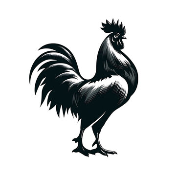 Black rooster standing isolated on white background in illustration style