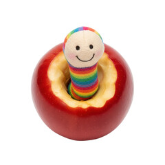 Naklejka premium Cute Rainbow Worm Emerging From a Red Apple