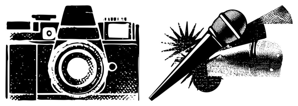 Retro camera and microphone rendered in halftone, vector illustration, graphic design elements, studio equipment, tools, art.