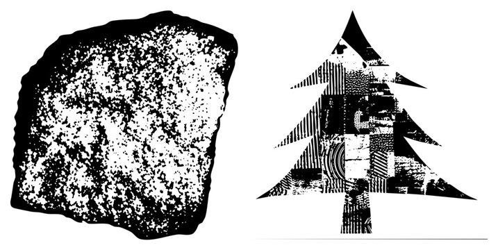 Graphic design featuring a speckled rock and stylized tree with halftone textures, vector art, abstract nature elements, isolated foreground subjects.