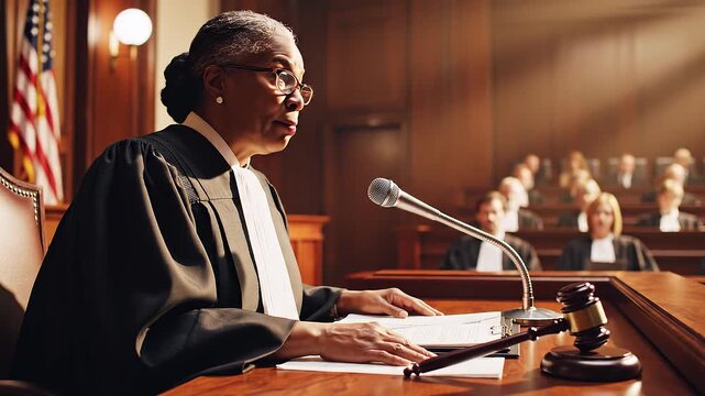Professional legal trial environment showing a judge speaking into a microphone at the bench