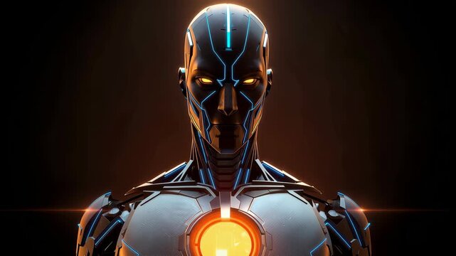 Glowing robotic humanoid cyborg with orange core illuminated eyes and blue circuitry futuristic