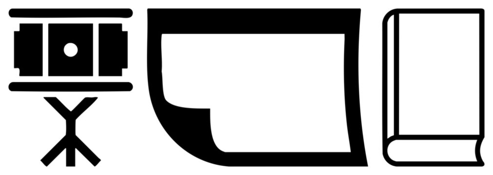 Stylized camera, monitor, and book in art, digital interface symbols, flat vector design, educational or tools.