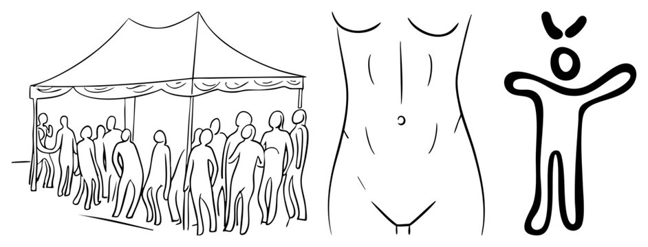 Silhouette crowd under canopy tent, minimalist torso with navel, abstract joyful figure, art, human form symbols.