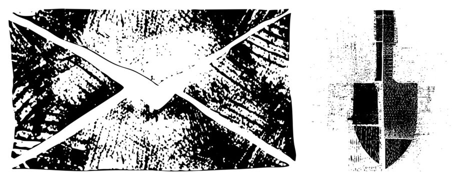 Scottish national flag with white saltire on textured black field, paired with abstract geometric emblem, halftone vector art, isolated graphic elements, stylized.