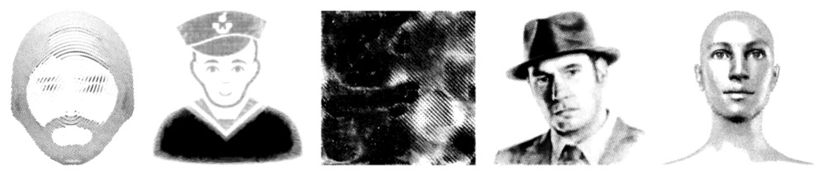 Vector halftone portraits sailor, fedora man, bald man, abstract face, stylized head. Dot matrix rendering,, graphic design elements.