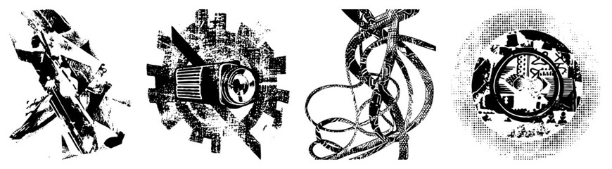 Fototapeta premium Vectorized mechanical components rendered in halftone, abstract gear systems, industrial motifs, stylized machinery, design.