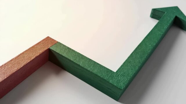 Green textured wood frame corner with green and red upward zigzag arrow showing recovery and growth