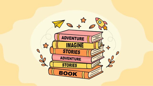 Bright stack of books with playful icons like rocket, stars, and paper plane, representing imagination, storytelling, and education. Ideal for reading, learning, creativity, and childhood inspiration.